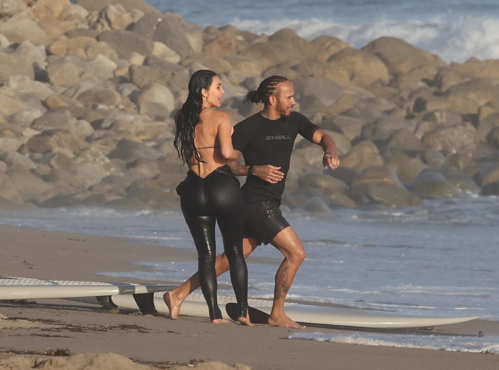 Kim Kardashian and Lewis Hamilton Dive Head First Into Romance in PDA-Filled Beach Photos
